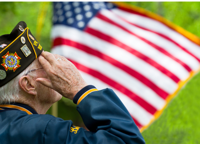 Elderly Veteran saluting a US flagD
